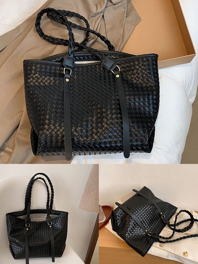 Dámské Vintage Pu Leather Weave Velkokapacitní Taška Přes Rameno Kabelka Tote