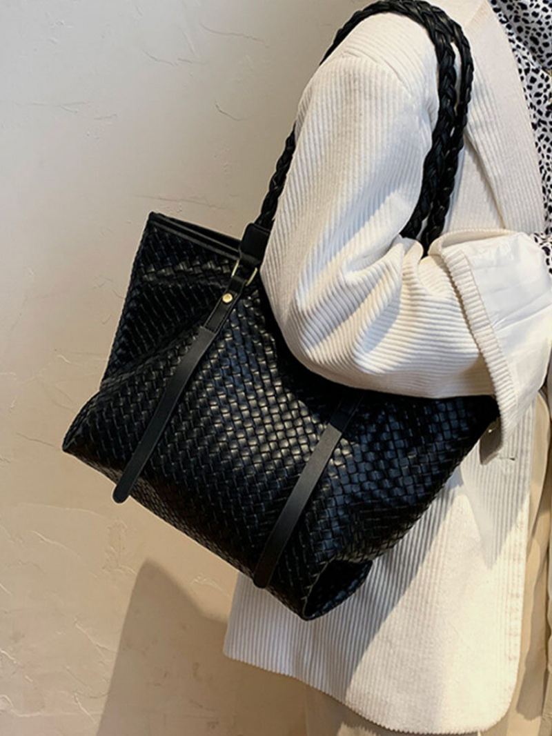 Dámské Vintage Pu Leather Weave Velkokapacitní Taška Přes Rameno Kabelka Tote