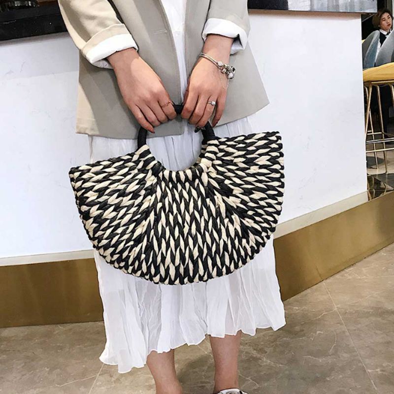 Efektní Elegantní Dámská Kabelka Ze Slámy V Kontrastní Barvě Minimalist Arch Vacation Beach Hand Bag Pro Ženy