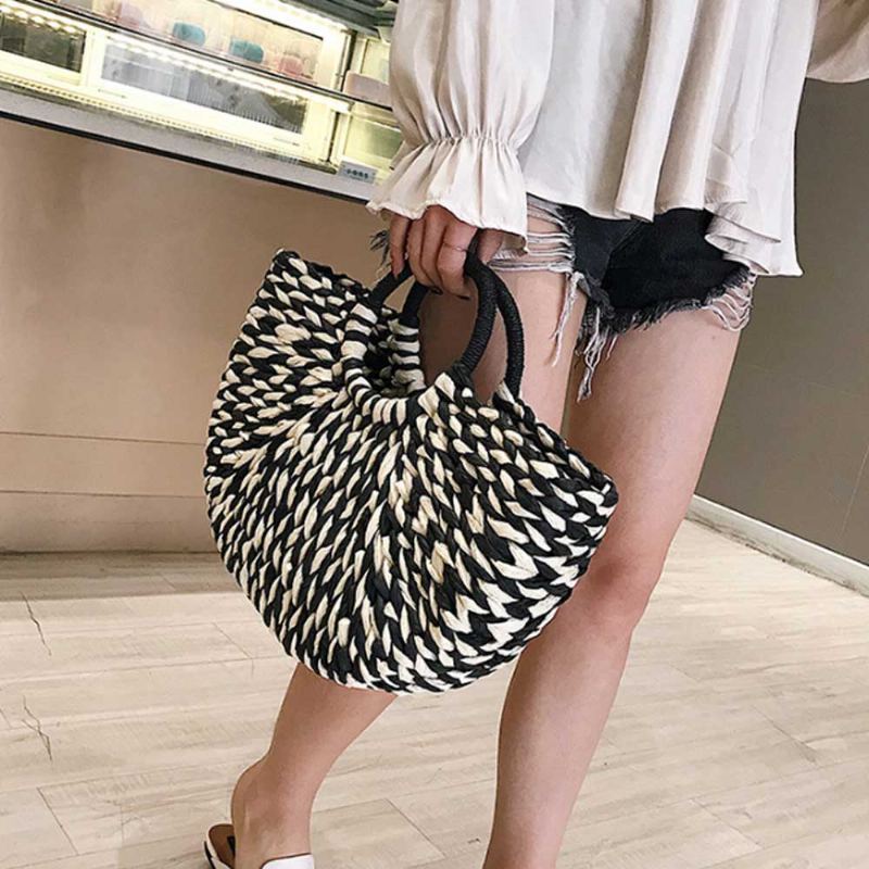 Efektní Elegantní Dámská Kabelka Ze Slámy V Kontrastní Barvě Minimalist Arch Vacation Beach Hand Bag Pro Ženy