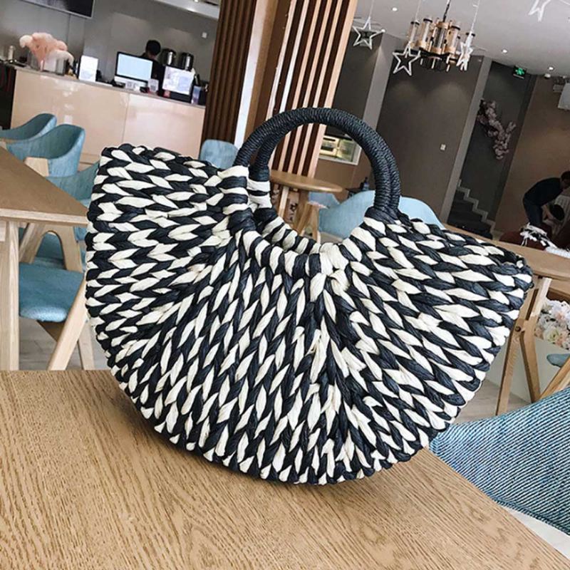 Efektní Elegantní Dámská Kabelka Ze Slámy V Kontrastní Barvě Minimalist Arch Vacation Beach Hand Bag Pro Ženy