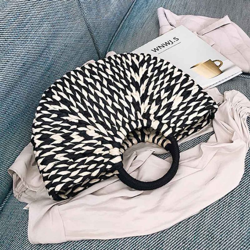 Efektní Elegantní Dámská Kabelka Ze Slámy V Kontrastní Barvě Minimalist Arch Vacation Beach Hand Bag Pro Ženy