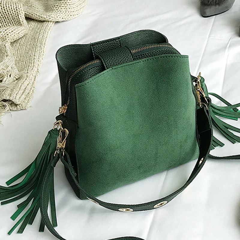 Fashion Scrub Women Bucket Bag Vintage Tassel Messenger Bag Vysoce Kvalitní Retro Taška Přes Rameno Jednoduchá Kabelka Crossbody Tote