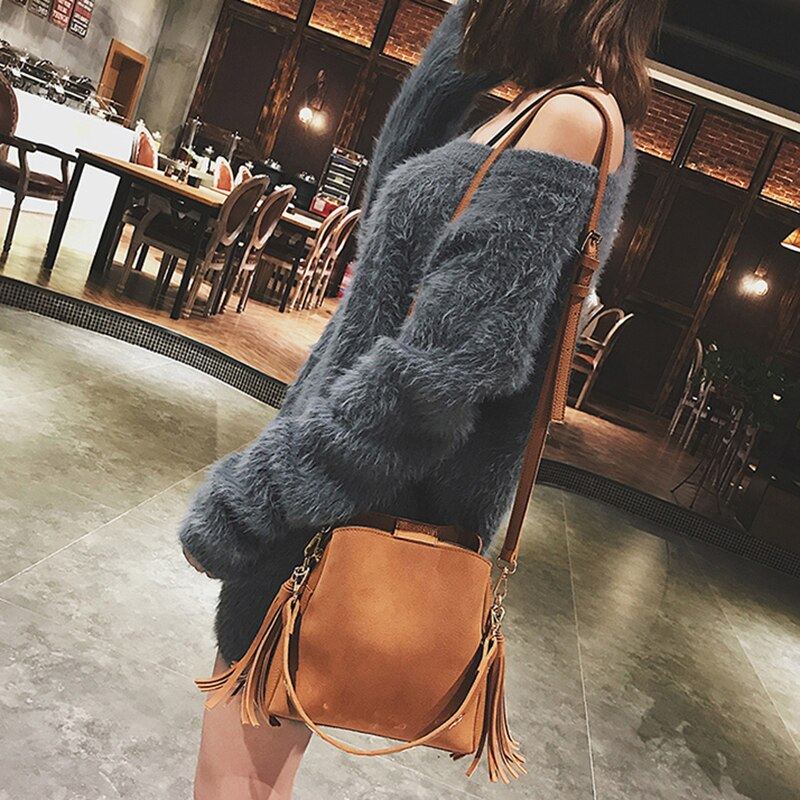 Fashion Scrub Women Bucket Bag Vintage Tassel Messenger Bag Vysoce Kvalitní Retro Taška Přes Rameno Jednoduchá Kabelka Crossbody Tote