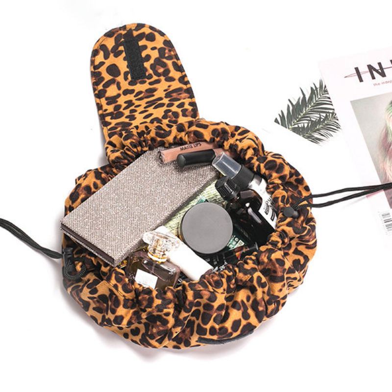 Leopard Print Lazy Makeup Bag Přenosná Cestovní Úložná Taška Velkokapacitní Se Stahovací Šňůrkou