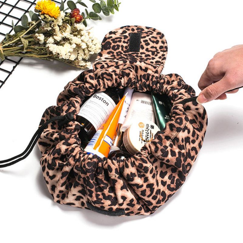 Leopard Print Lazy Makeup Bag Přenosná Cestovní Úložná Taška Velkokapacitní Se Stahovací Šňůrkou