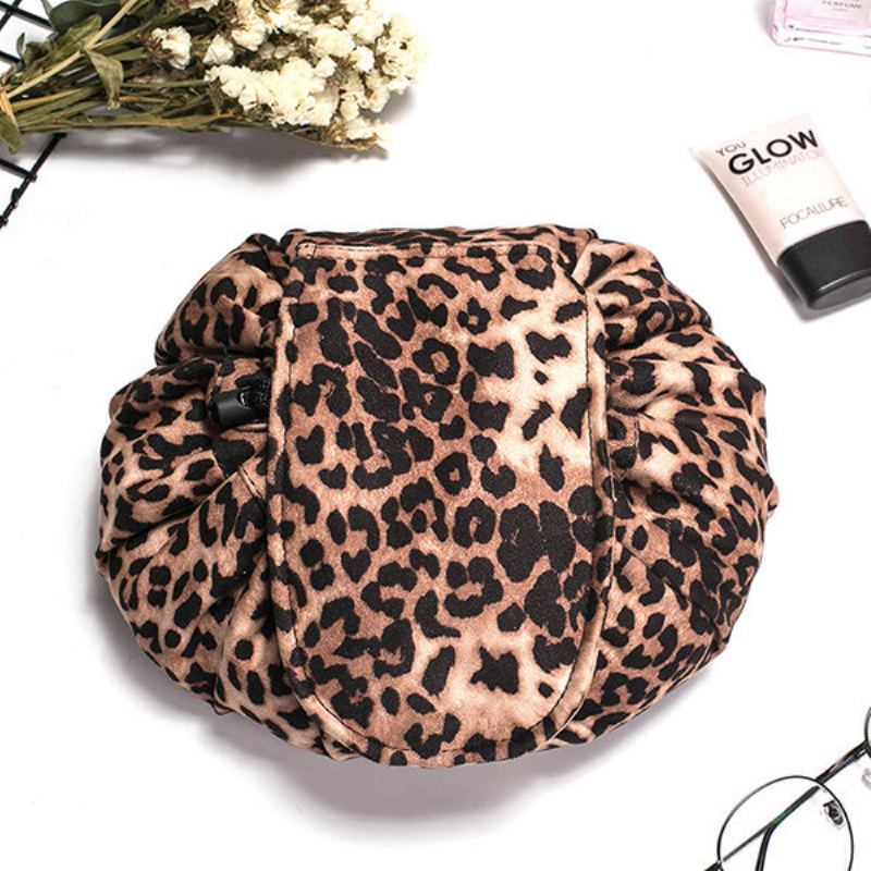 Leopard Print Lazy Makeup Bag Přenosná Cestovní Úložná Taška Velkokapacitní Se Stahovací Šňůrkou