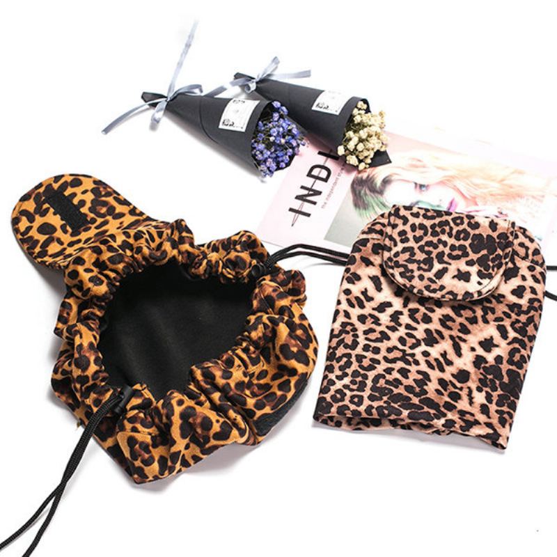 Leopard Print Lazy Makeup Bag Přenosná Cestovní Úložná Taška Velkokapacitní Se Stahovací Šňůrkou