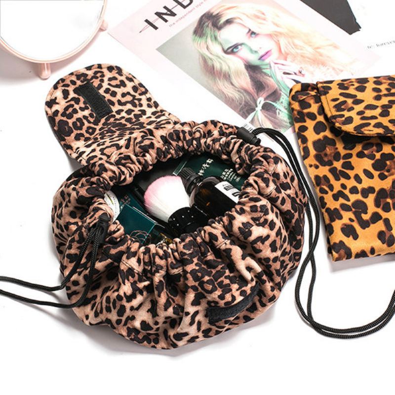 Leopard Print Lazy Makeup Bag Přenosná Cestovní Úložná Taška Velkokapacitní Se Stahovací Šňůrkou