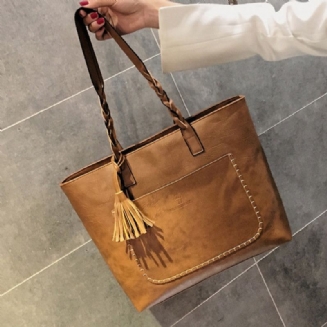 Módní Dámská Taška Olej Vosk Skin Wild Big Bag Velkokapacitní Tassel Tote Bag Žena Přenosná Přes Rameno