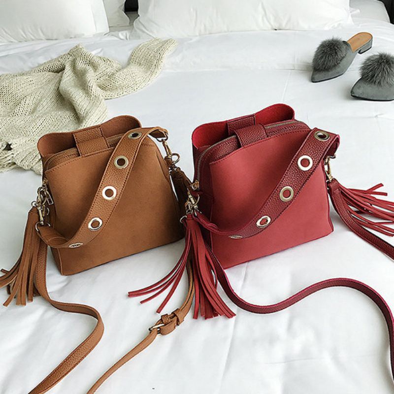 Tassel Bucket Bag Pu Kožená Kabelka Přes Rameno Crossbody Pro Ženy