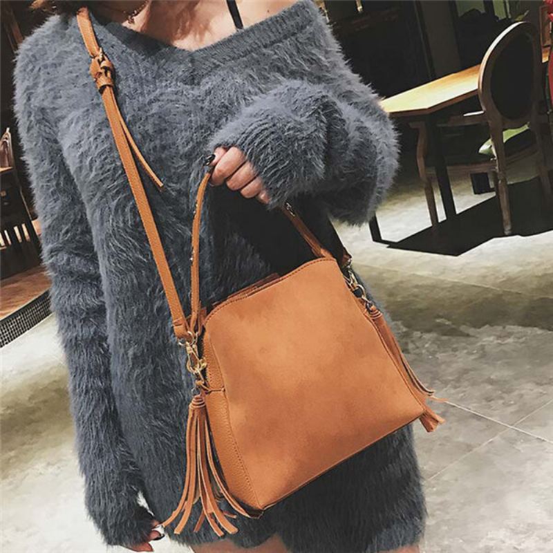 Tassel Bucket Bag Pu Kožená Kabelka Přes Rameno Crossbody Pro Ženy