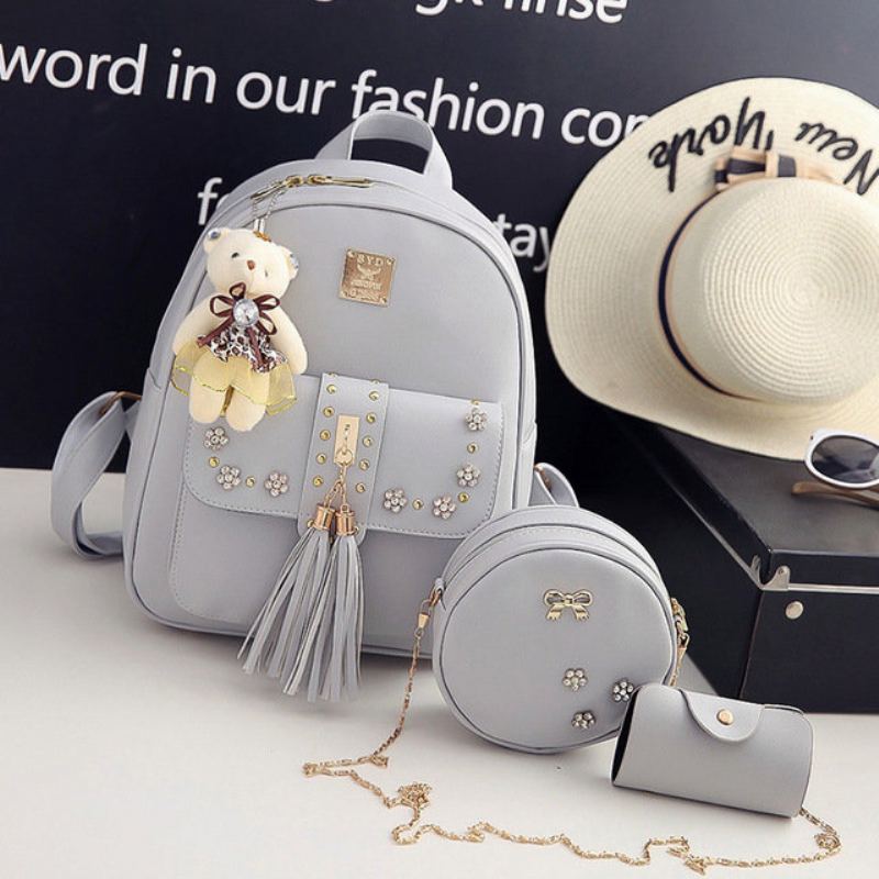 Třídílný Batoh Dámská New Tassel Rivet Casual Student Bag Travel Pu Backpack