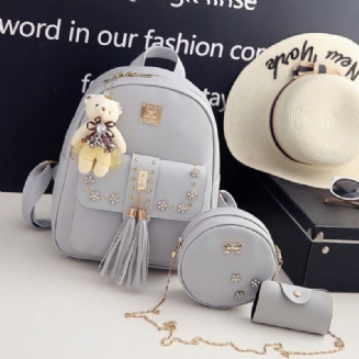 Třídílný Batoh Dámská New Tassel Rivet Casual Student Bag Travel Pu Backpack