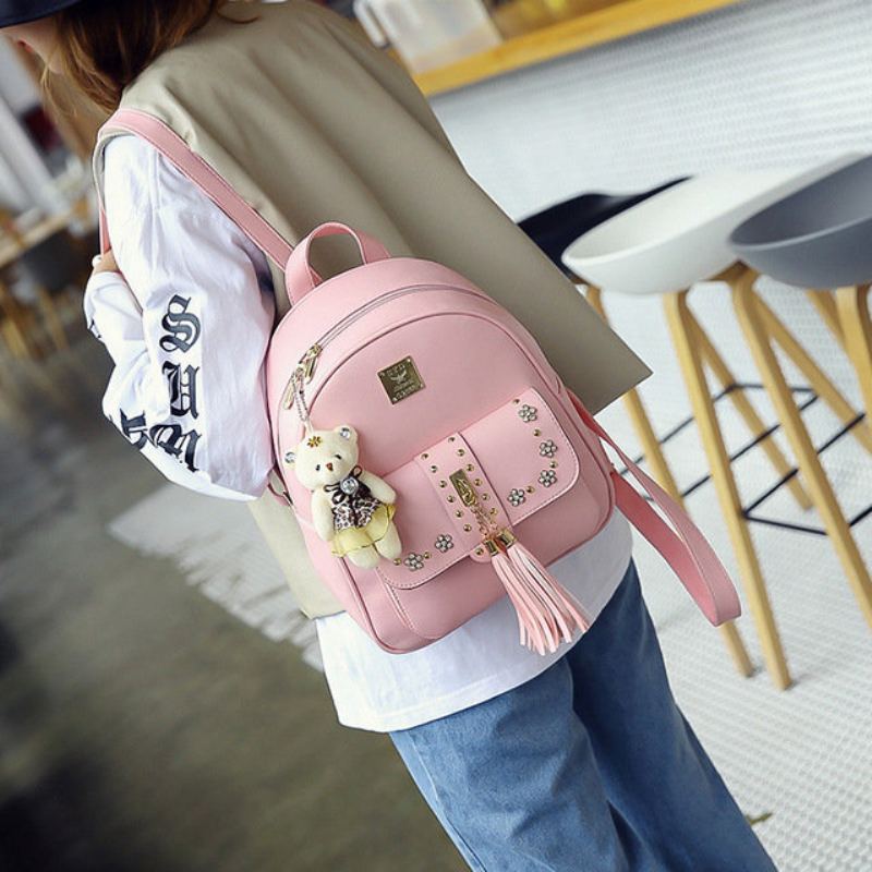 Třídílný Batoh Dámská New Tassel Rivet Casual Student Bag Travel Pu Backpack