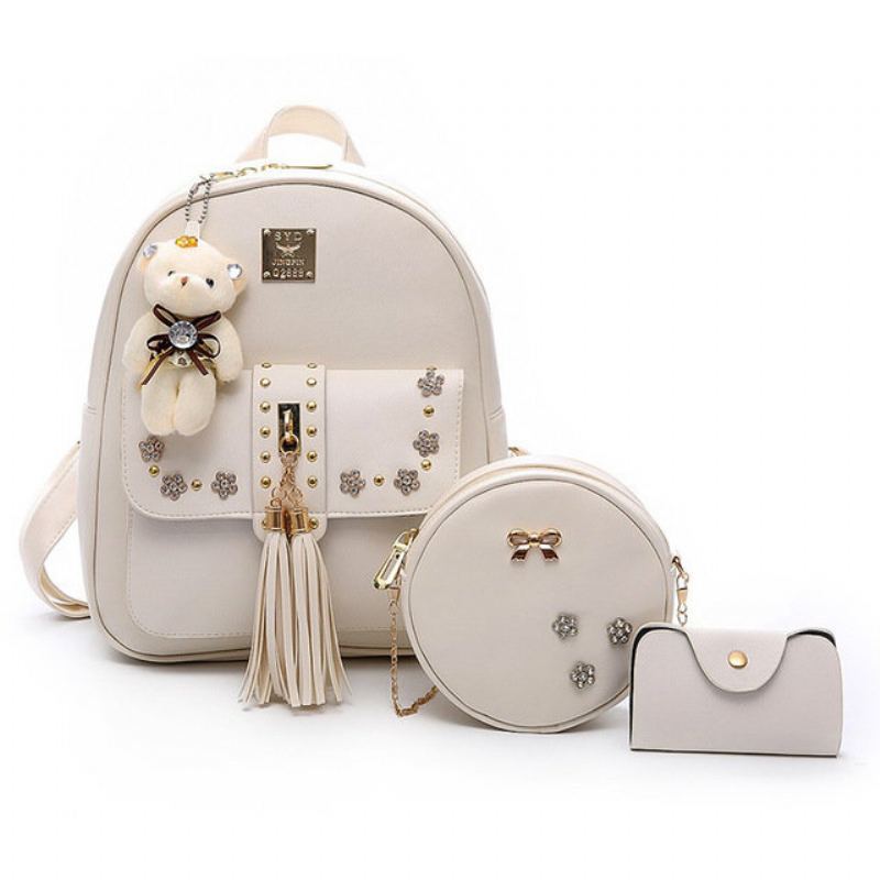 Třídílný Batoh Dámská New Tassel Rivet Casual Student Bag Travel Pu Backpack