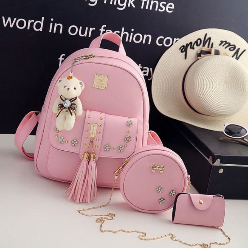 Třídílný Batoh Dámská New Tassel Rivet Casual Student Bag Travel Pu Backpack