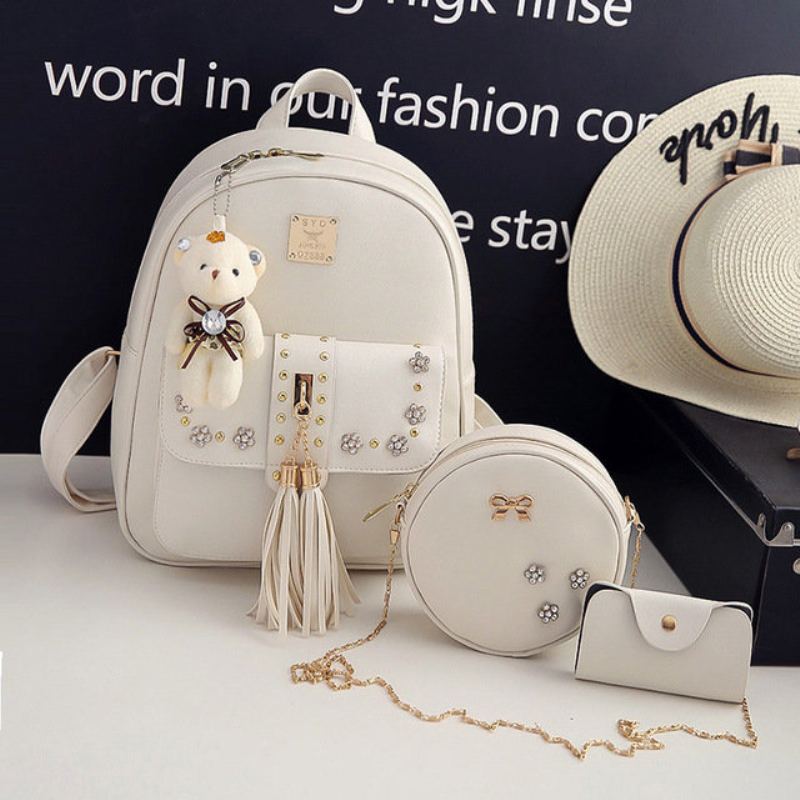 Třídílný Batoh Dámská New Tassel Rivet Casual Student Bag Travel Pu Backpack