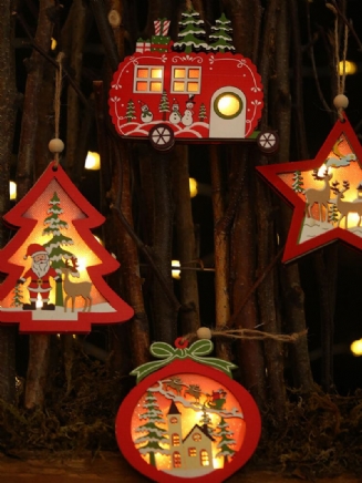 1ks Vánoční Ozdoby Se Světlými Dutými Dřevěnými Přívěsky Creative Car Small Tree Ornaments