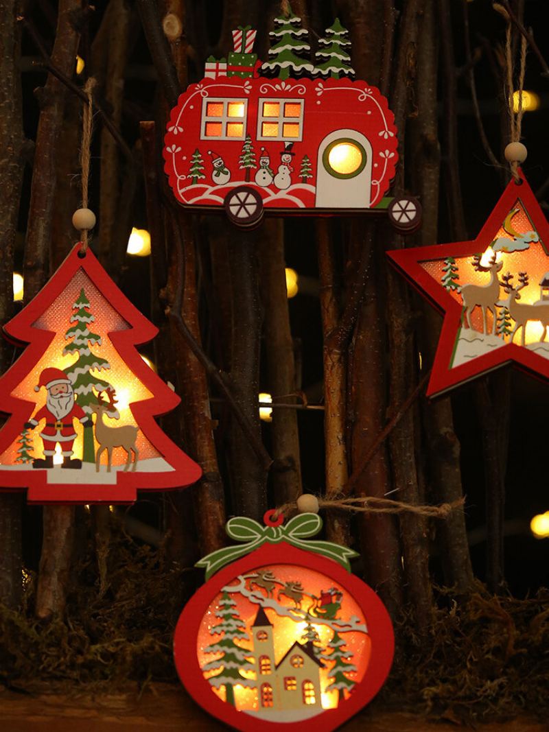 1ks Vánoční Ozdoby Se Světlými Dutými Dřevěnými Přívěsky Creative Car Small Tree Ornaments