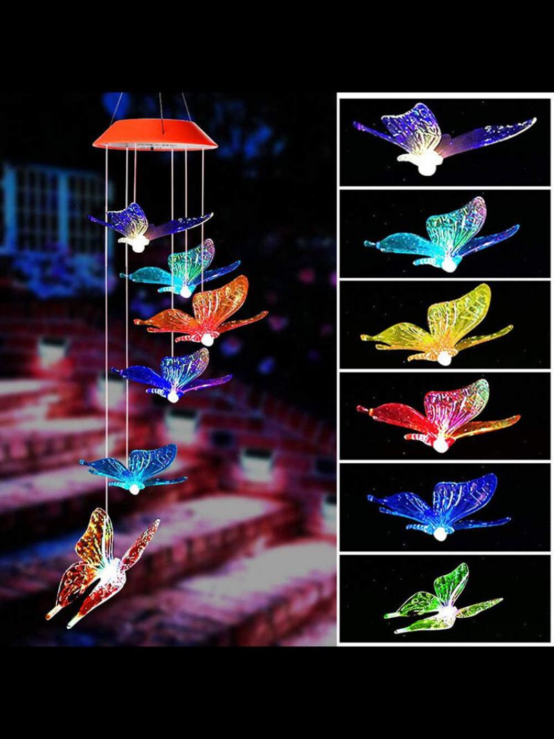 1pc Led Solární Energie Butterfly Wind Chime Barva Měnící Noční Světlo Lampa Domácí Zahrada Dvůr Dekorace