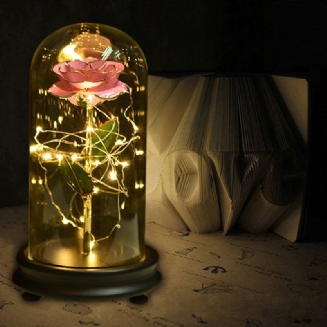 24k Zlatá Růže S Led Světlem Umělé Dekorace Dome Wood Base Valentýnské Dárky