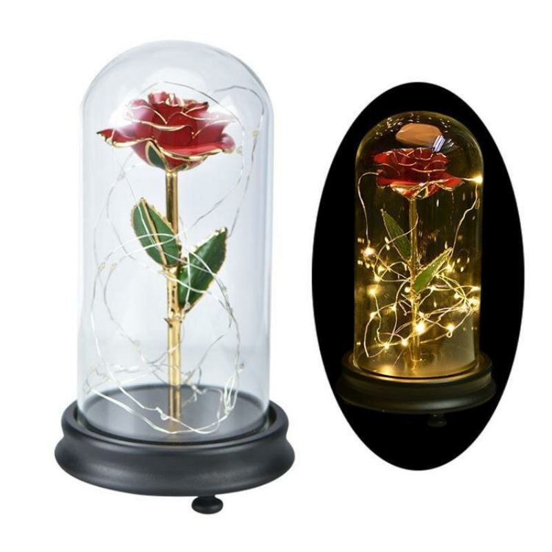 24k Zlatá Růže S Led Světlem Umělé Dekorace Dome Wood Base Valentýnské Dárky