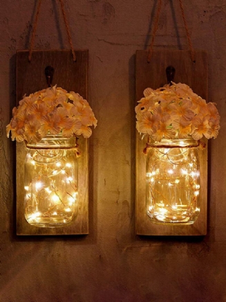 2ks Mason Jar Flower Light S 6hodinovým Časovačem Led Pohádkovými Světly A Květinami Rustikální Domácí Dekorace