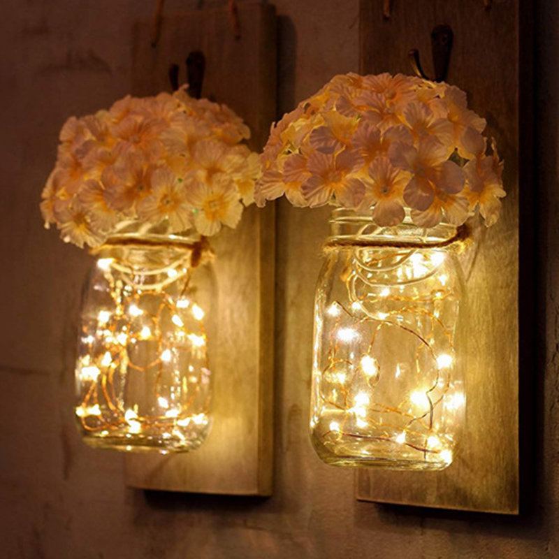 2ks Mason Jar Flower Light S 6hodinovým Časovačem Led Pohádkovými Světly A Květinami Rustikální Domácí Dekorace