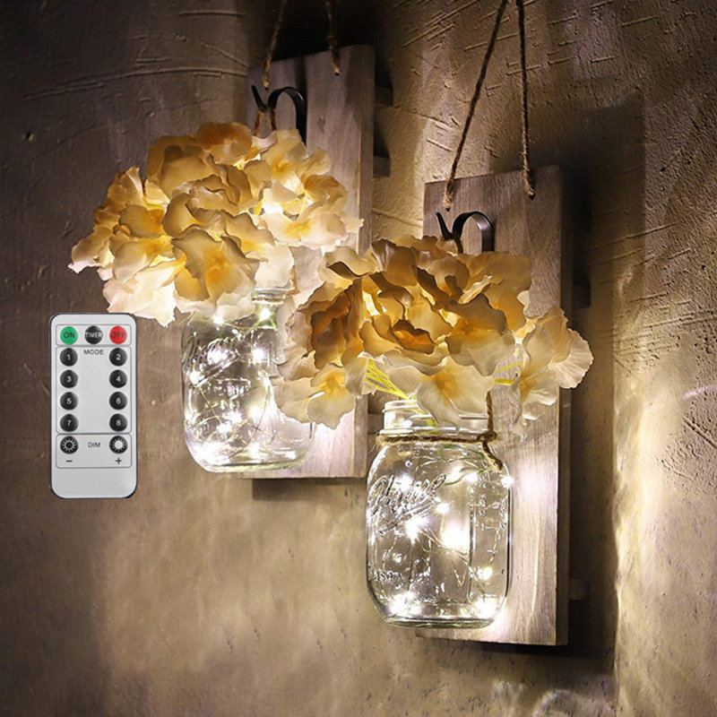 2ks Mason Jar Flower Light S 6hodinovým Časovačem Led Pohádkovými Světly A Květinami Rustikální Domácí Dekorace