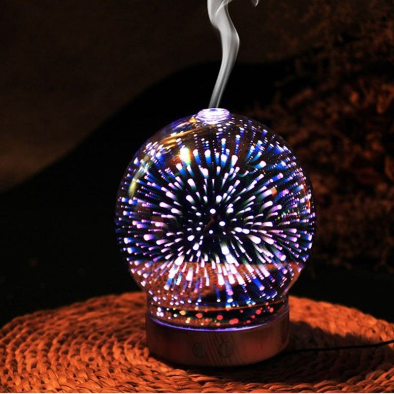 3d Fireworks Skleněný Aromaterapeutický Difuzér 100 Ml Cool Mist Zvlhčovač Barva Měnící Světlo Noc