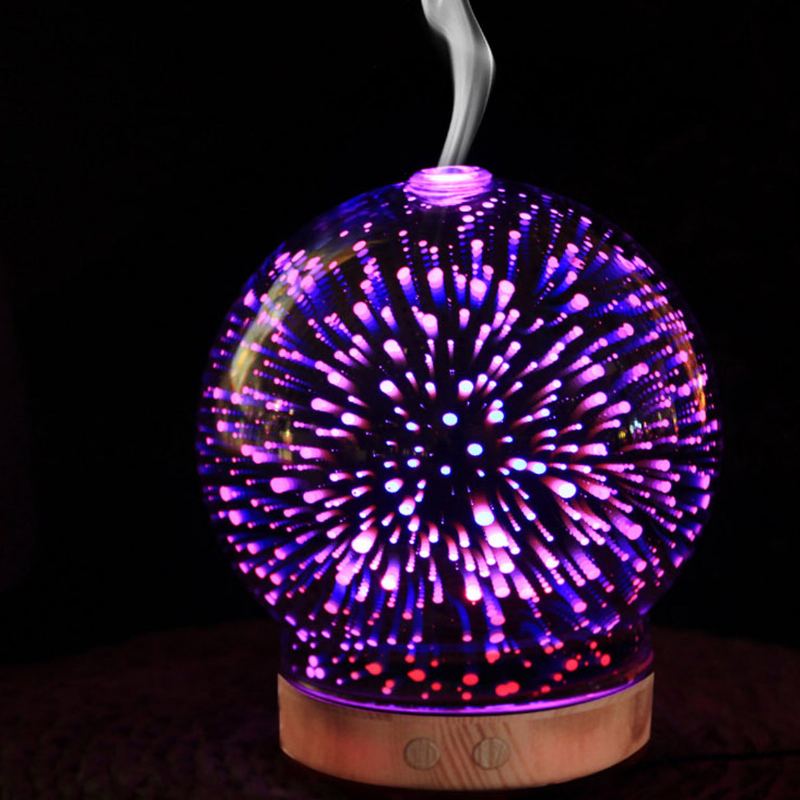 3d Fireworks Skleněný Aromaterapeutický Difuzér 100 Ml Cool Mist Zvlhčovač Barva Měnící Světlo Noc