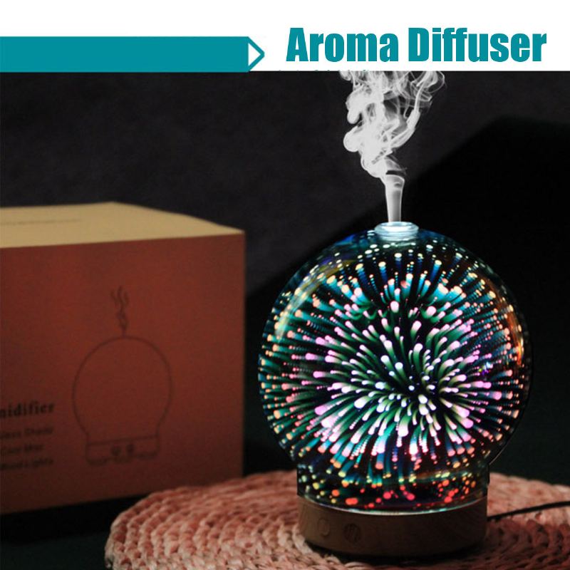 3d Fireworks Skleněný Aromaterapeutický Difuzér 100 Ml Cool Mist Zvlhčovač Barva Měnící Světlo Noc