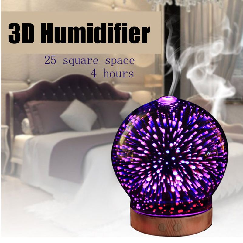 3d Fireworks Skleněný Aromaterapeutický Difuzér 100 Ml Cool Mist Zvlhčovač Barva Měnící Světlo Noc