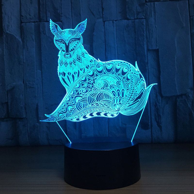 3d Fox Noční Světlo Stolní Lampy S Optickým Klamem 7 Světel Měnících Barvu Led Lampa