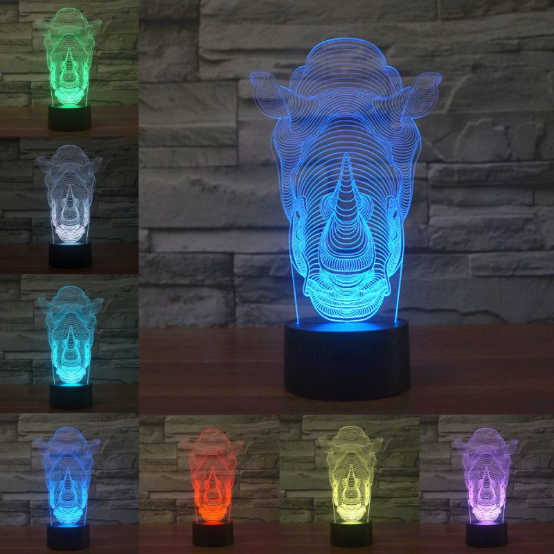 Animals Rhino 3d Led Illusion Night Light 7 Změna Barvy Dotykový Spínač Stolní Lampa Domácí Kancelář