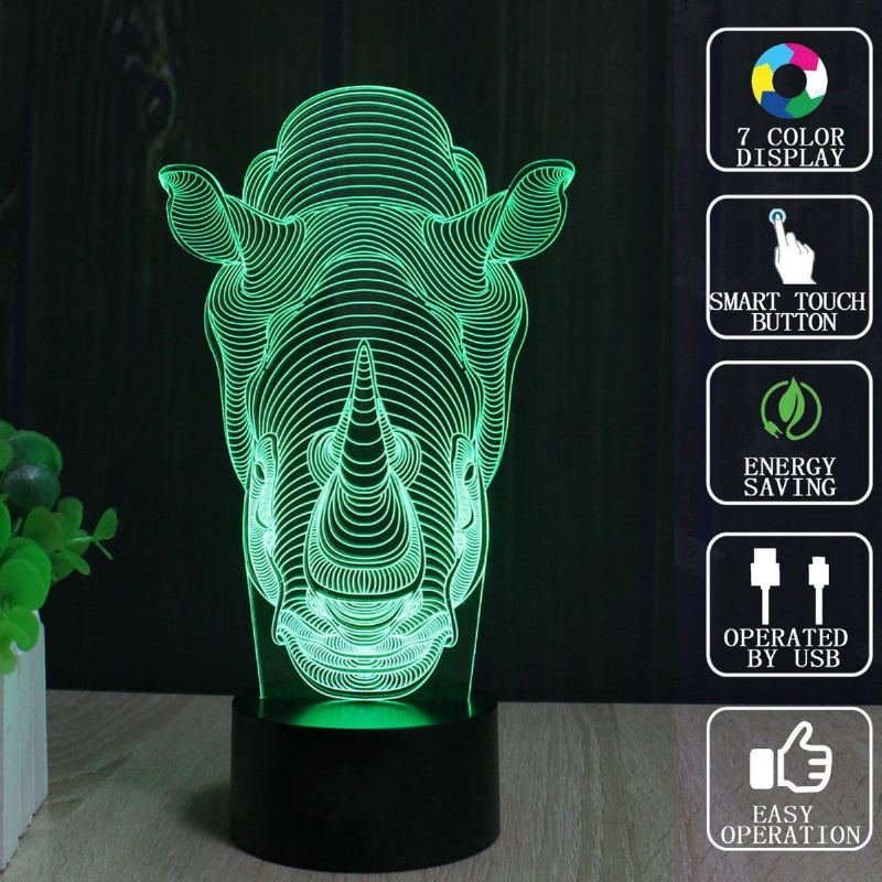 Animals Rhino 3d Led Illusion Night Light 7 Změna Barvy Dotykový Spínač Stolní Lampa Domácí Kancelář