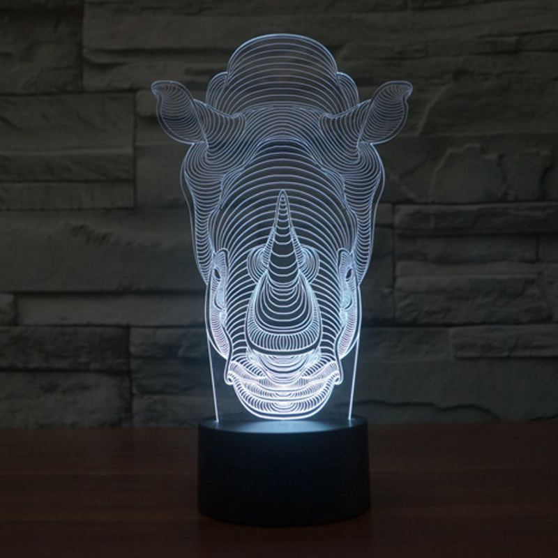 Animals Rhino 3d Led Illusion Night Light 7 Změna Barvy Dotykový Spínač Stolní Lampa Domácí Kancelář