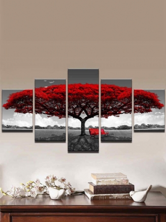 Obraz Na Plátně V Rámečku Nástěnná Malba Modern Red Tree Scenery Bench