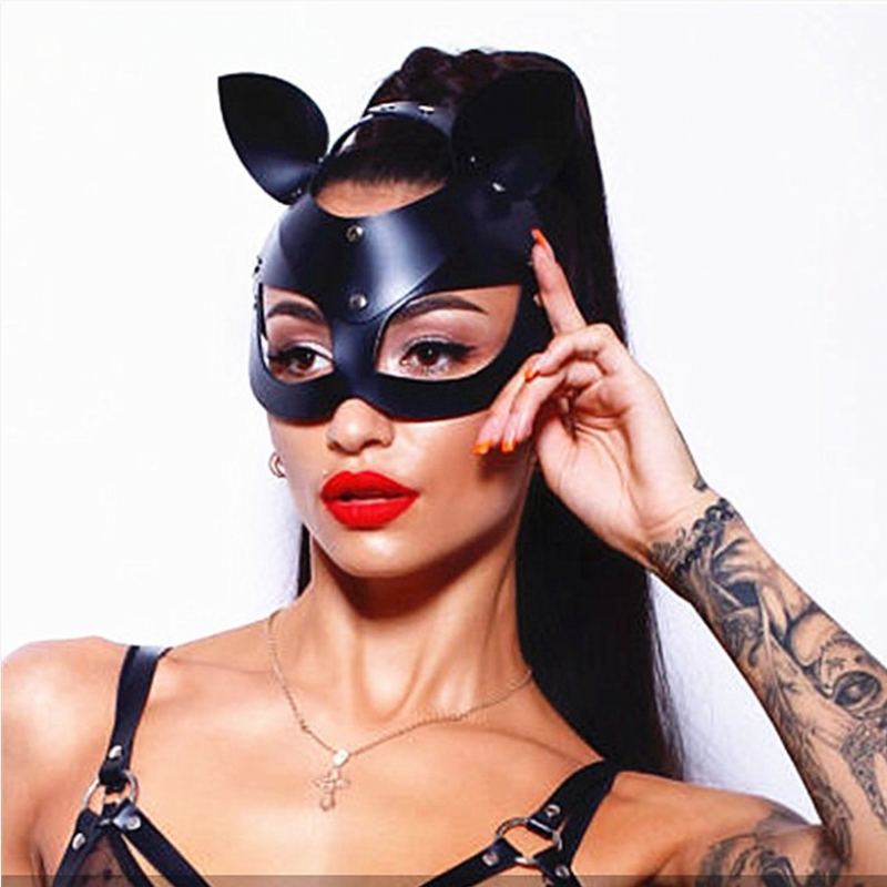 Black Leather Catwoman Cosplay Mask Bdsm Fetish Sexy Erotická Králičí Maska S Dlouhýma Ušima Ženy Halloween Masquerade Party Cat