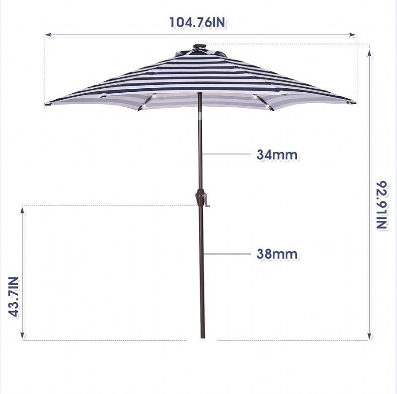 Venkovní Stolní Deštník Na Terasu 8.7 Stop S Naklápěním Tlačítkem A Klikou Modré Bílé Pruhy S 24 Led Světly Základna Deštníku Není Součástí Dodávky