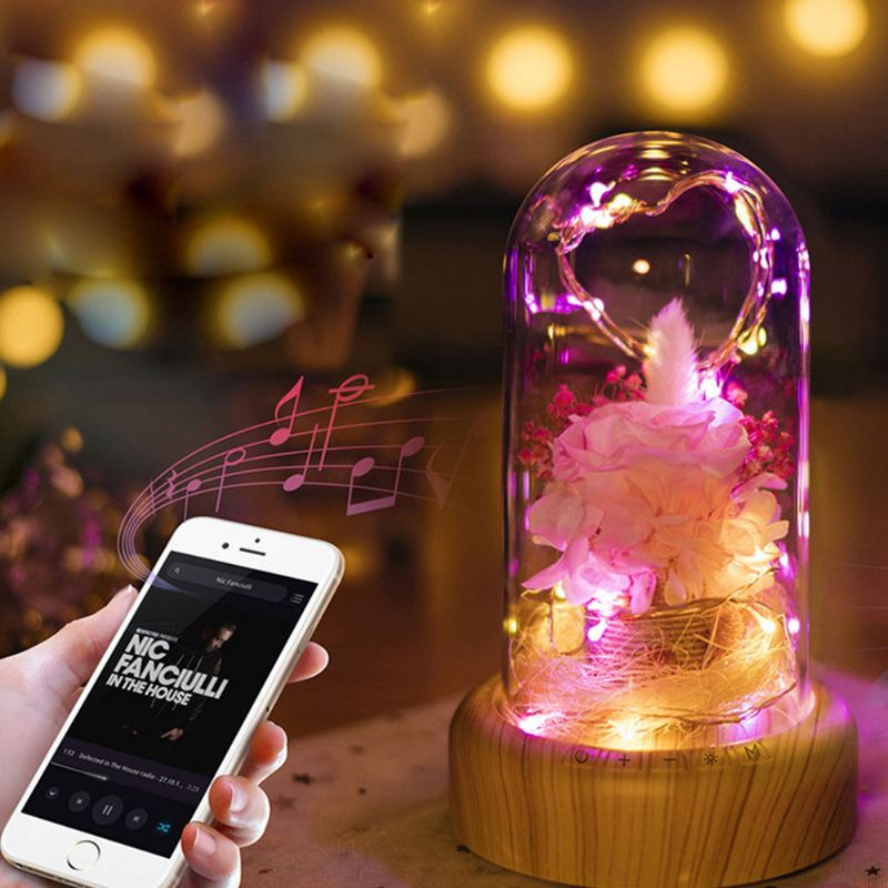 Okouzlující Led Růže Ve Skleněné Kopuli Bluetooth Stereo Otočný Hudební Box Pro Manželku Milenku Přítelkyni Svatební Dárek K Narozeninám