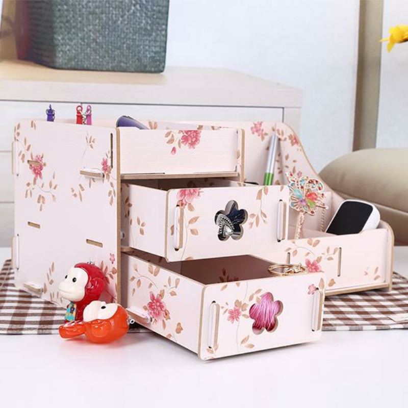 Korea Diy Wooden Makeup Organizer Desktop Storage Box Container