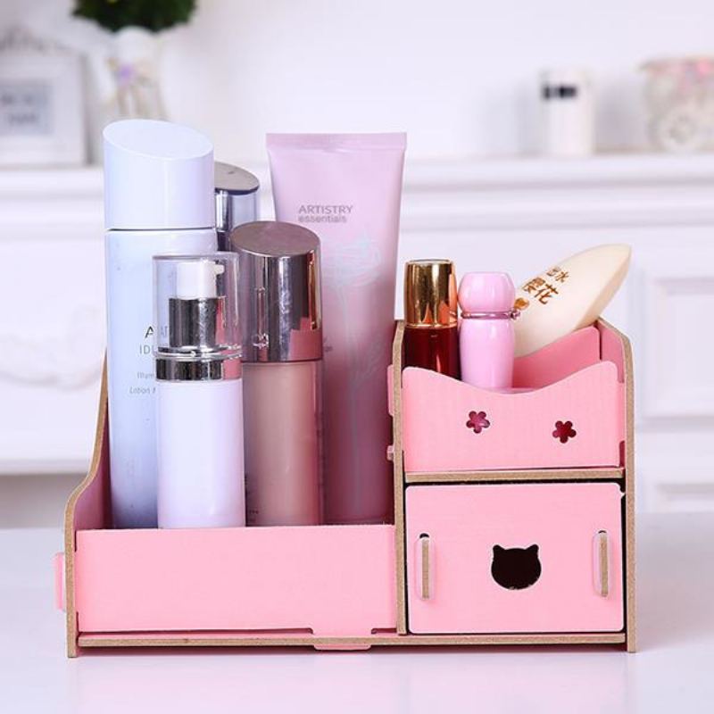 Korea Diy Wooden Makeup Organizer Desktop Storage Box Container