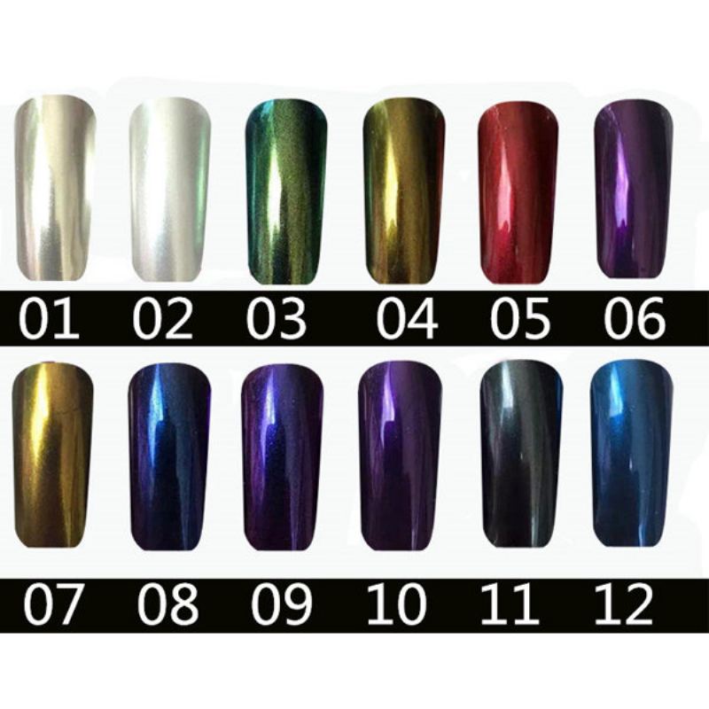 Magic Mirror Chrome Effect Powder Metallic Nail Art Additive Pigment Okouzlující 12 Barev Na Výběr