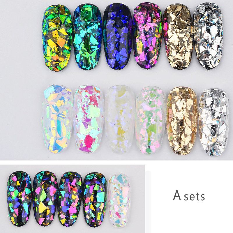 Skleněné Třpytivé Nehtové Flitry Sada Aurora Shimmer Nail Decoration 6ks 3d Diy Art