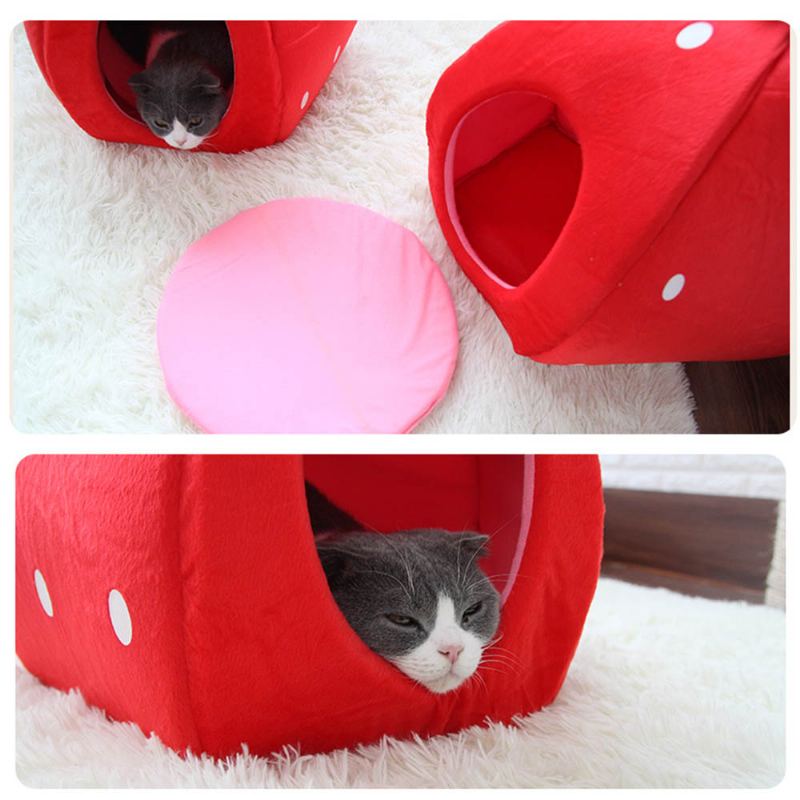 Strawberry Cat House Omyvatelný Měkký Odolný Odnímatelné Hnízdo Pro Domácí Mazlíčky Podzim Zima Příslušenství Pro Tlustý Pelíšek Pro