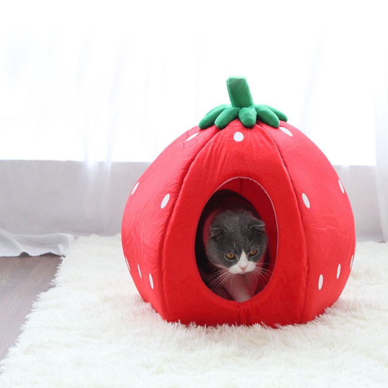 Strawberry Cat House Omyvatelný Měkký Odolný Odnímatelné Hnízdo Pro Domácí Mazlíčky Podzim Zima Příslušenství Pro Tlustý Pelíšek Pro