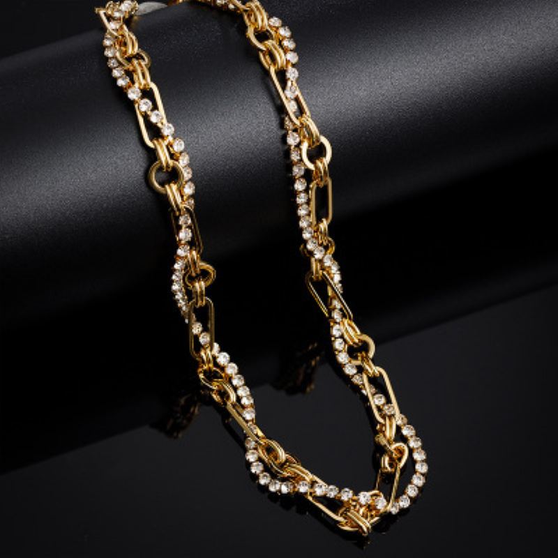 Dámský Retro Geometrický Bronzový Náhrdelník Z Pravého Zlata Diamond Multilayer Fashion Snake Chain