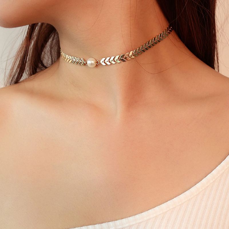 Náhrdelník Fishbone Choker Perlový Řetízkový Řetízek Ležérní Pro Ženy A Dívky